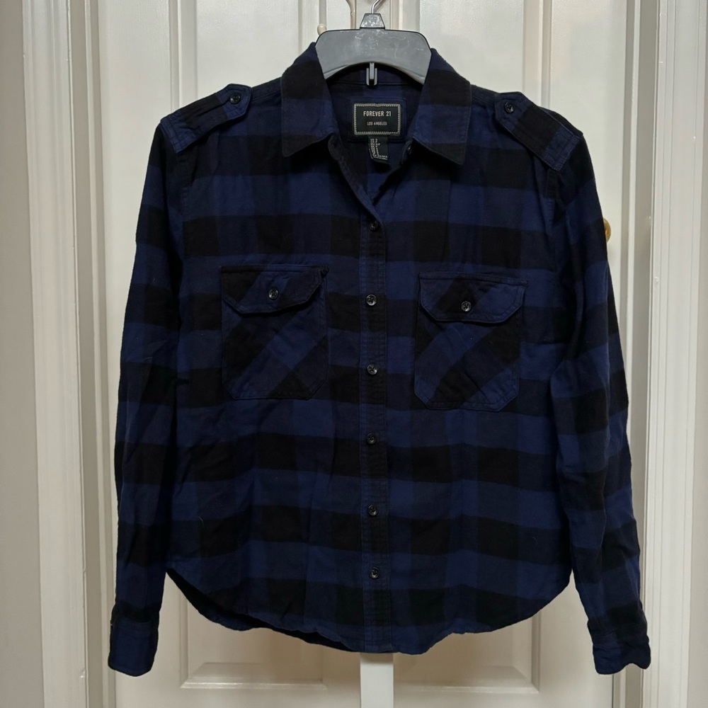 Forever 21 Size S Black & Blue Plaid Long Sleeve